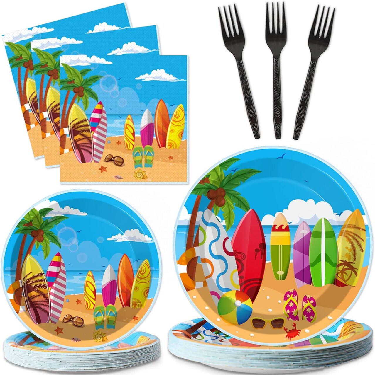100 Pcs Summer Beach Surfing Theme Party Supplies Tableware Set (Multicolor)